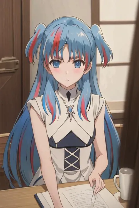 best quality, masterpiece, highres, solo, {chtholly_sukasuka:1.15}, blue_hair, long_hair, blue_eyes, two_side_up, bangs, multicolored_hair