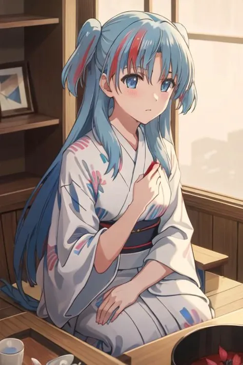 NSFW,masterpiece,Highest quality,High resolution,Super detailed,dawn_\(pokemon\),blue eyes, Blue Hair, Long Hair, Side Lock, Hair Clip,High-quality yukata,Embarrassed,blush,hostel,Japanese-style room,tatami,Hypnosis,brainwashing