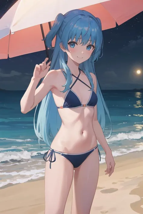 best quality, masterpiece, highres, solo, {night:1.10}, {starry sky:1.10}, beach, beautiful detailed sky, {extremely detailed background:1.20}, {chtholly_sukasuka:1.15}, {standing:1.10}, looking at viewer, {bikini:1.30}, , blue_hair, long_hair, blue_eyes, two_side_up,  light smile, <lora:chtholly_sukasuka:0.6>