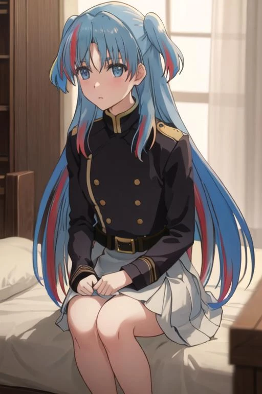 best quality, masterpiece, highres, solo, {chtholly_sukasuka:1.15}, blue_hair, long_hair, blue_eyes, two_side_up, bangs, multicolored_hair, 1girl, military, military_uniform, uniform, belt, long_sleeves, looking_at_viewer, skirt