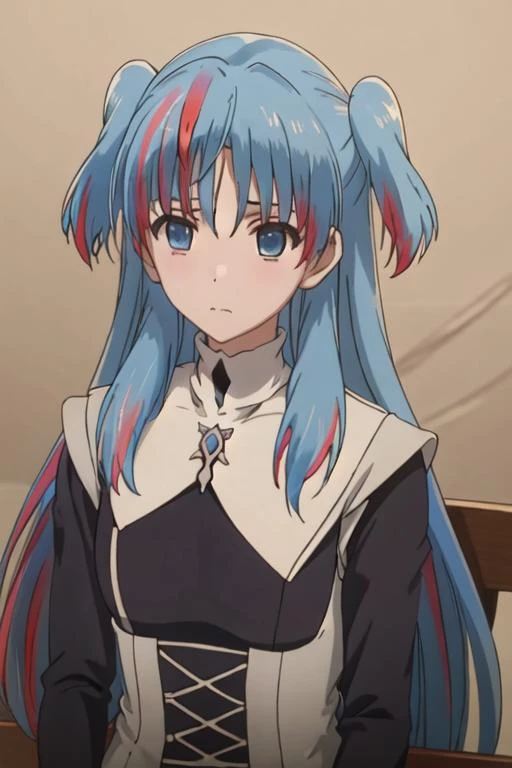 best quality, masterpiece, highres, solo, {chtholly_sukasuka:1.15}, blue_hair, long_hair, blue_eyes, two_side_up, bangs, multicolored_hair, 1girl, closed_mouth, upper_body