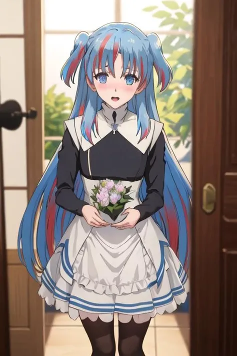 best quality, masterpiece, highres, solo, {chtholly_sukasuka:1.15}, blue_hair, long_hair, blue_eyes, two_side_up, bangs, multicolored_hair, 1girl, dress, looking_at_viewer, long_sleeves, very_long_hair, blush, open_mouth
