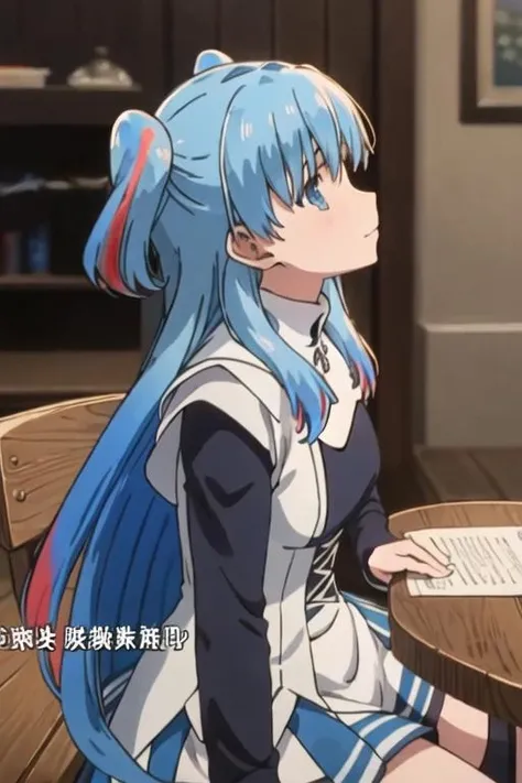 best quality, masterpiece, highres, solo, {chtholly_sukasuka:1.15}, blue_hair, long_hair, blue_eyes, two_side_up, multicolored_hair, 1girl, english_text, anime_coloring, close-up, fake_screenshot, bangs, closed_mouth, portrait