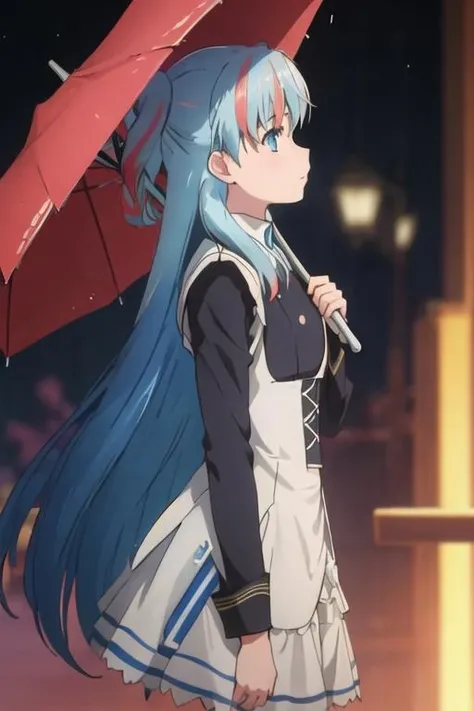 best quality, masterpiece, highres, solo, {chtholly_sukasuka:1.15}, blue_hair, long_hair, blue_eyes, two_side_up, bangs, multicolored_hair, 1girl, blue_background, from_side, holding, holding_umbrella, profile, umbrella, upper_body, expressionless