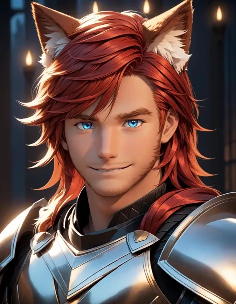 Mj Osea Style, solo, long hair, looking at viewer, smile, blue eyes, 1boy, animal ears, closed mouth, upper body, male focus, red hair, cat ears, armor, cinematic lighting, masterpiece, best quality , <lora:MJ-OSEAXL:0.8>
