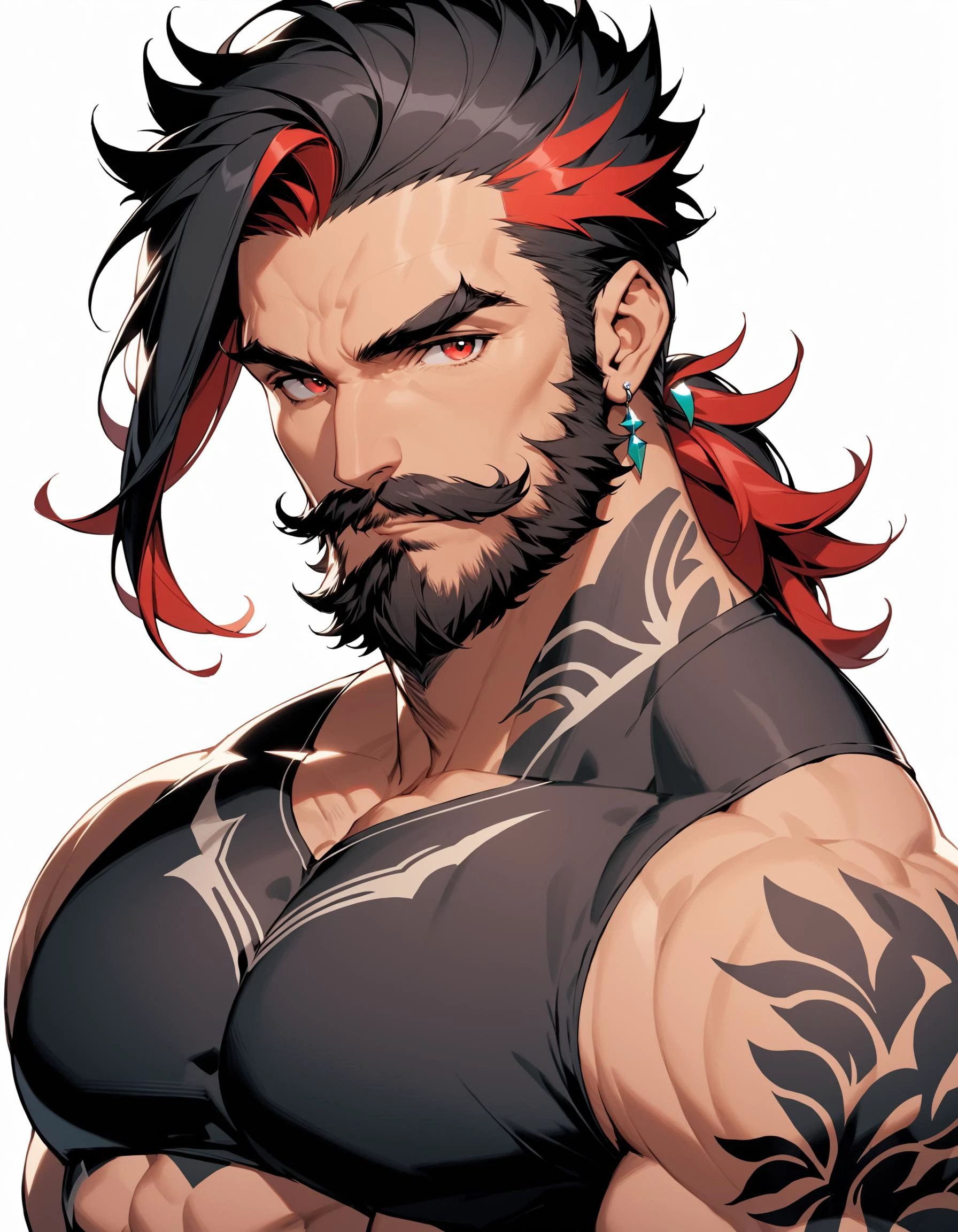 Mj Osea Style, solo, looking at viewer, simple background, black hair, red eyes, 1boy, white background, jewelry, upper body, male focus, red hair, earrings, tattoo, muscular, facial hair, thick eyebrows, letterboxed, muscular male, beard, mature male, mustache, masterpiece, best quality , <lora:MJ-OSEAXL:0.8>