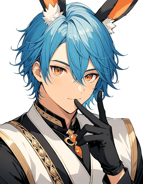 Mj Osea Style, solo, looking at viewer, blush, short hair, hair ornament, red eyes, gloves, long sleeves, 1boy, white background, animal ears, hair between eyes, closed mouth, blue hair, upper body, male focus, black gloves, rabbit ears, orange eyes, animal ear fluff, tassel, finger to mouth, bishounen, masterpiece, best quality , <lora:MJ-OSEAXL:0.8>