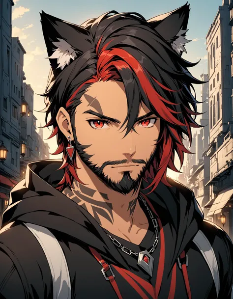 Mj Osea Style, solo, looking at viewer, short hair, black hair, red eyes, 1boy, jewelry, cat ears, animal ears, animal ear fluff, closed mouth, upper body, male focus, red hair, earrings, outdoors, hood, necklace, streaked hair, tattoo, facial hair, scar, piercing, hood down, building, portrait, beard, scar on face, serious, city, scar across eye, stubble, facial tattoo, miqo'te, cinematic lighting, official art, absurdres, cinematic angle, masterpiece, best quality , <lora:MJ-OSEAXL:0.8>