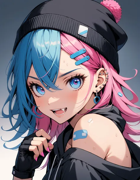 Mj Osea Style, 1girl, solo, long hair, looking at viewer, blush, open mouth, blue eyes, hair ornament, gloves, hat, bare shoulders, jewelry, blue hair, upper body, pink hair, sweat, earrings, hairclip, fang, hood, fingerless gloves, black headwear, hoodie, piercing, ear piercing, bandaid, beanie, stud earrings, masterpiece, best quality , <lora:MJ-OSEAXL:0.8>