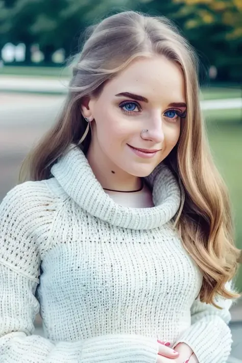 a stunning young woman at the park, pale, in a cute sweastshirt, [stunning eyes], (close up), [smiling:0.1], perfect face, raw, 8k uhd, <lora:sofiGoldfinger:1>