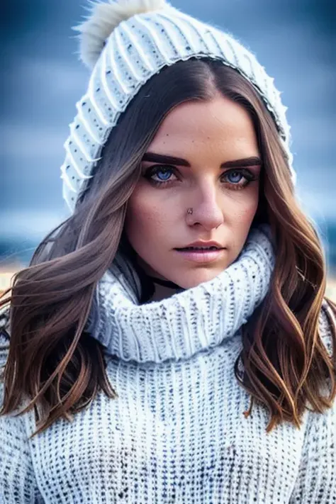 a stunning young woman on the beach at midnight, in a white knitted sweater, pale, waves in background, dark night, [stunning eyes], (close up), perfect face, raw, 8k uhd, <lora:sofiGoldfinger:1>