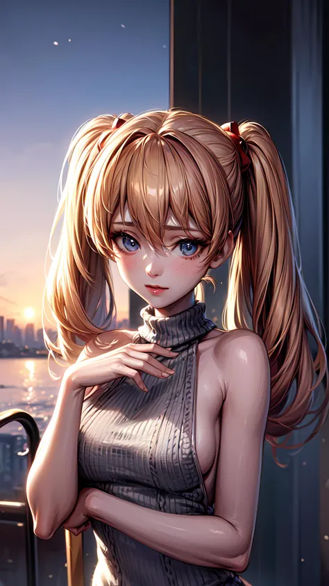 1girl, solo, detailed skin, ultra realistic 8k cg, picture-perfect face, flawless, clean, masterpiece, professional artwork, famous artwork, cinematic lighting, cinematic bloom, ((beautiful eyes)), intricate iris, (((perfect hands))), (extremely detailed background), ((dynamic background)), beautiful detailed girl, beautiful detailed nose, light on face, looking at viewer,<lora:GoodHands-vanilla:1>, <lora:more_details:0.6>, <lora:virgin_killer_sweater:0.8> , Virgin killer sweater, sleeveless turtleneck, sweater dress, aran sweater, (sideboob), <lora:AsukaLangleySouryuuV2:0.7> , souryuu asuka langley, twintails, outdoor, streets,