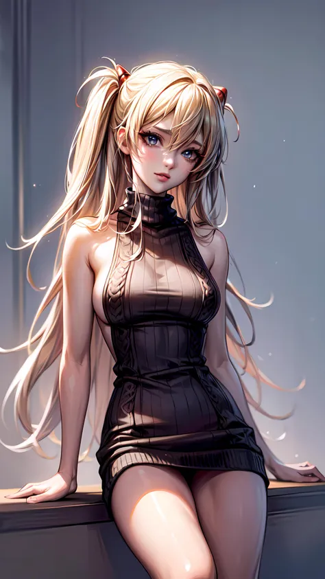 1girl, solo, detailed skin, ultra realistic 8k cg, picture-perfect face, flawless, clean, masterpiece, professional artwork, famous artwork, cinematic lighting, cinematic bloom, ((beautiful eyes)), intricate iris, (((perfect hands))), (extremely detailed background), ((dynamic background)), beautiful detailed girl, beautiful detailed nose, light on face, looking at viewer,<lora:GoodHands-vanilla:1>, <lora:more_details:0.6>, <lora:virgin_killer_sweater:0.8> , Virgin killer sweater, sleeveless turtleneck, sweater dress, aran sweater, (sideboob), red sweater, <lora:AsukaLangleySouryuuV2:0.7> , souryuu asuka langley,