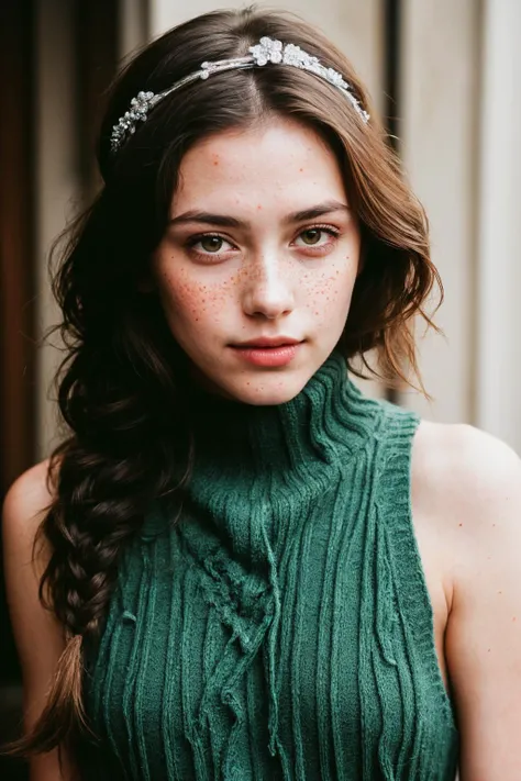 (masterpiece, best quality:1.1), photograph, Porta 160 color, shot on ARRI ALEXA 65, bokeh, depth of field, shot by Don McCullin, (blemishes, skin pores, textured skin:1.1), sharp focus, vibrant colors, PA7_Photo, PA7_Human-Likeness, volumetric lighting, <lora:detail_slider_v4:1>, <lora:FujiVelvia50:0.5>, <lora:GoodHands-beta2:0.8>,
solo, 1 girl, adult welsh woman, green eyes, dark brown fishtail braid, smile, parted lips, sexy lips , freckles, eyeliner, from front, <lora:virgin_killer_sweater:1>, virgin killer aran sweater, sleeveless turtleneck, sideboob, areola slip, light green sweater, headband, dark green abstract background, geometric pattern,,
