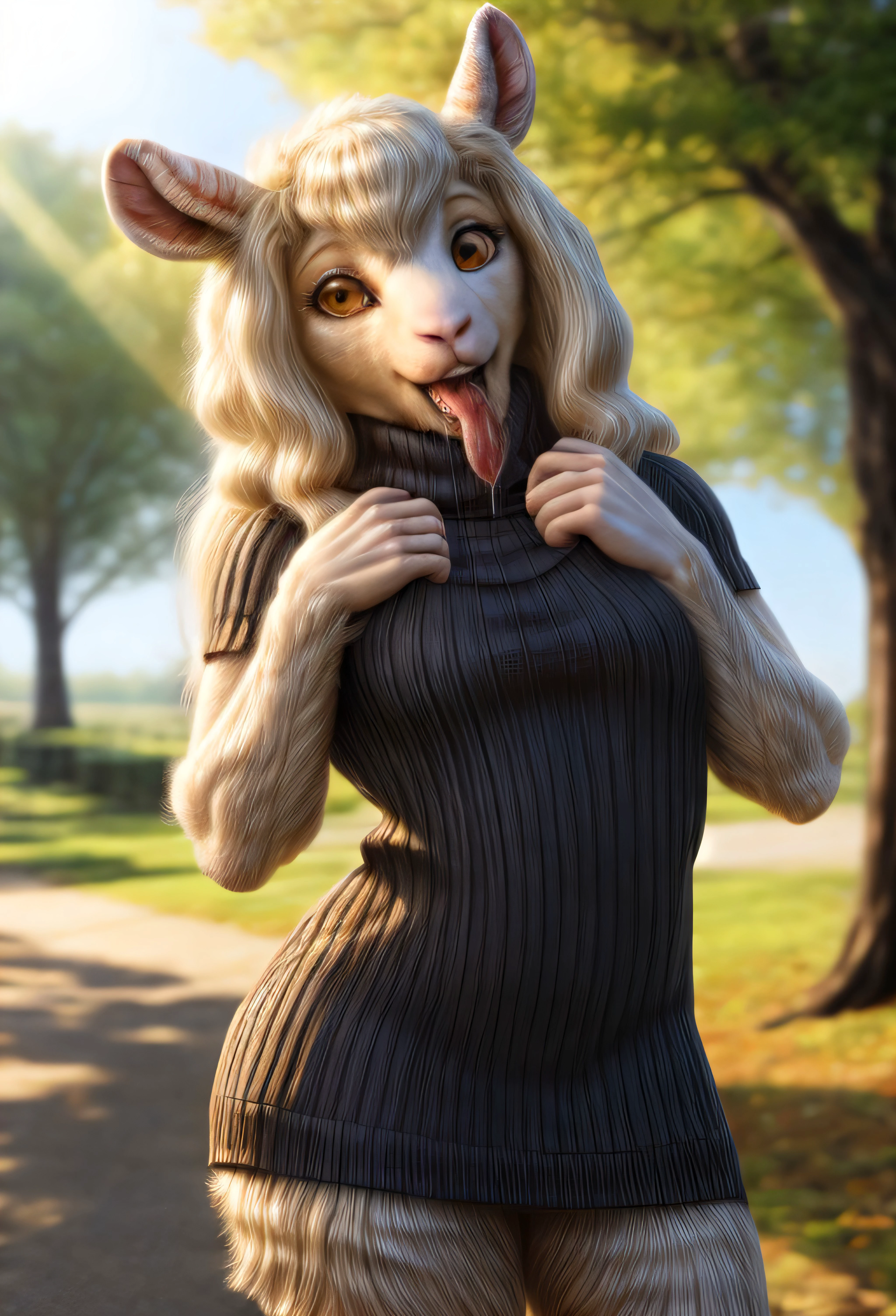 RAW photo,cowboy shot,from the side,park setting,warm lighting,(solo:1.3),
BREAK staring into the camera,20 years old,woman,long colourful hair,sheep,(white fur, thick fur:1.3),muscular,lean build,fluffy sheeptail,ass,brown eyes,sheep snout,sheep teeth,(long sheep tongue, drooling, drool flowing from tongue),(wearing a sweater dress,<lora:virgin_killer_sweater:1>,wearing black skirt),midrif,<lora:hairdetailer:1>,
BREAK 8k,hi res,35mm lens,from behind,(Best quality, masterpiece:1.2),warm atmosphere,afternoon,cinematic,