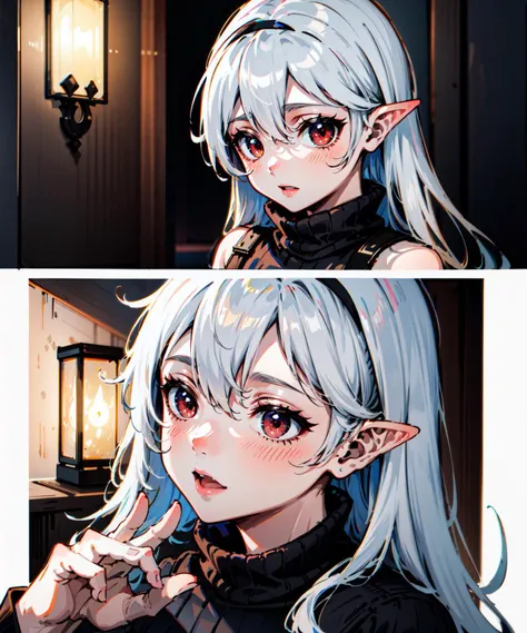 anime girl, grey hair, long hair, short hair, straight hair, bob cut, dilated pupils, devil pupils, open mouth, embarrassed, blush, tongue out, expressionless, naughty face, naughty, yandere, fang, rape face, anime, Conceptual art, high detail, anime style, reference sheet, from side, from below, from behind, from above, UHD, masterpiece, anatomically correct, super detail, high details, high quality, best quality, highres, 8k, caracter design, art concep, medical jacket, vampire, elf ear, front view, show fangs, pale skin, cool outfit, cute, adorable, full body