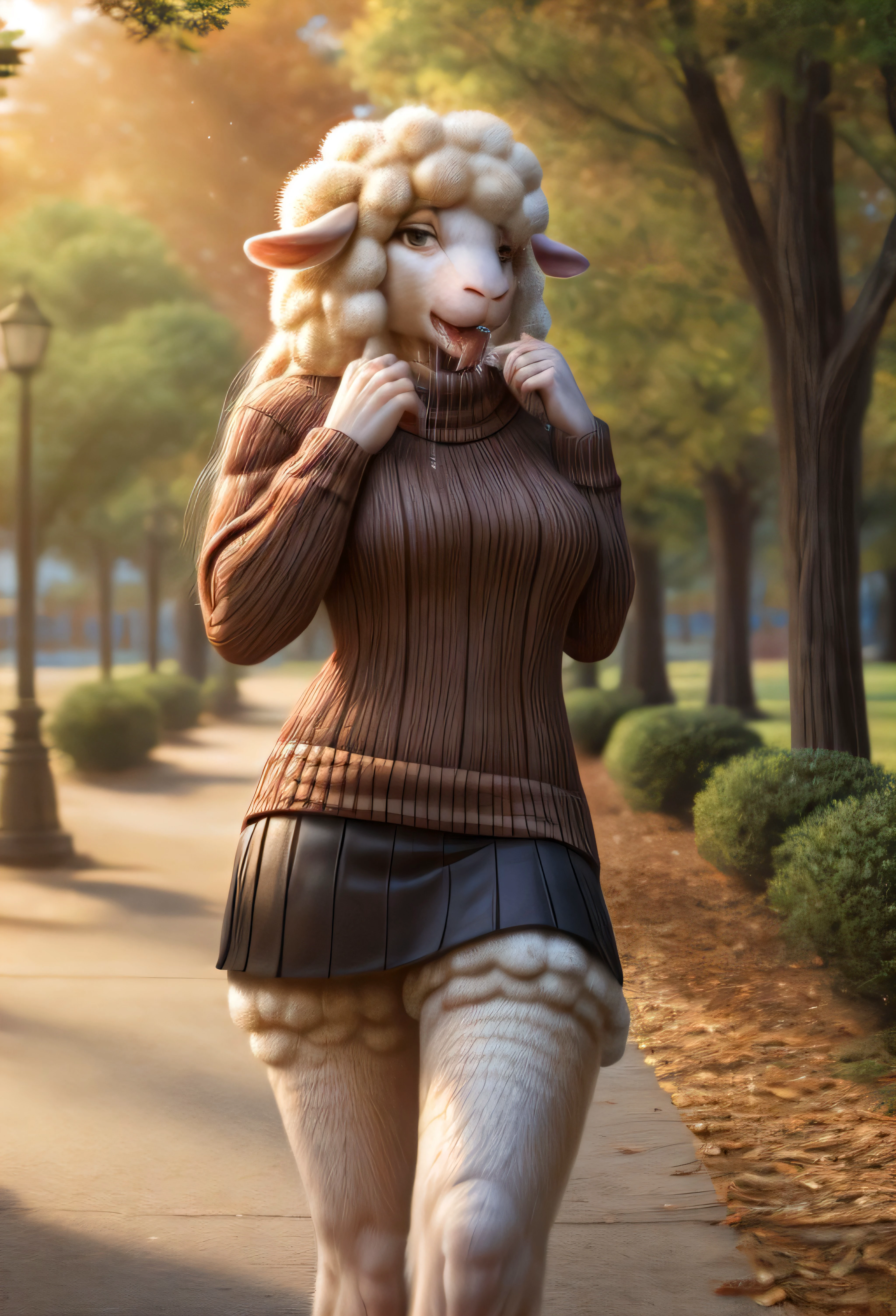 RAW photo,cowboy shot,from the side,park setting,warm lighting,(solo:1.3),
BREAK staring into the camera,20 years old,woman,long colourful hair,sheep,(white fur, thick fur:1.3),muscular,lean build,fluffy sheeptail,brown eyes,sheep snout,sheep teeth,(long sheep tongue, drooling, drool flowing from tongue),(wearing a sweater dress,<lora:virgin_killer_sweater:1>,wearing black skirt),midrif,<lora:hairdetailer:1>,
BREAK 8k,hi res,35mm lens,from above,(Best quality, masterpiece:1.2),warm atmosphere,afternoon,cinematic,