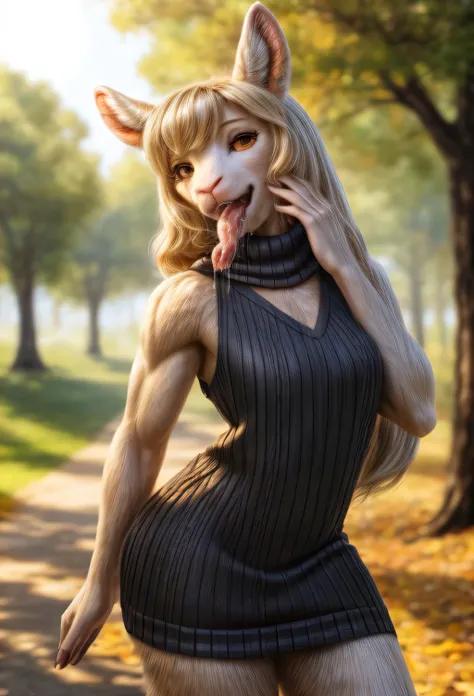 RAW photo,cowboy shot,from the side,park setting,warm lighting,(solo:1.3),
BREAK staring into the camera,20 years old,woman,long colourful hair,sheep,(white fur, thick fur:1.3),muscular,lean build,fluffy sheeptail,ass,brown eyes,sheep snout,sheep teeth,(long sheep tongue, drooling, drool flowing from tongue),(wearing a sweater dress,<lora:virgin_killer_sweater:1>,wearing black skirt),midrif,<lora:hairdetailer:1>,
BREAK 8k,hi res,35mm lens,from behind,(Best quality, masterpiece:1.2),warm atmosphere,afternoon,cinematic,