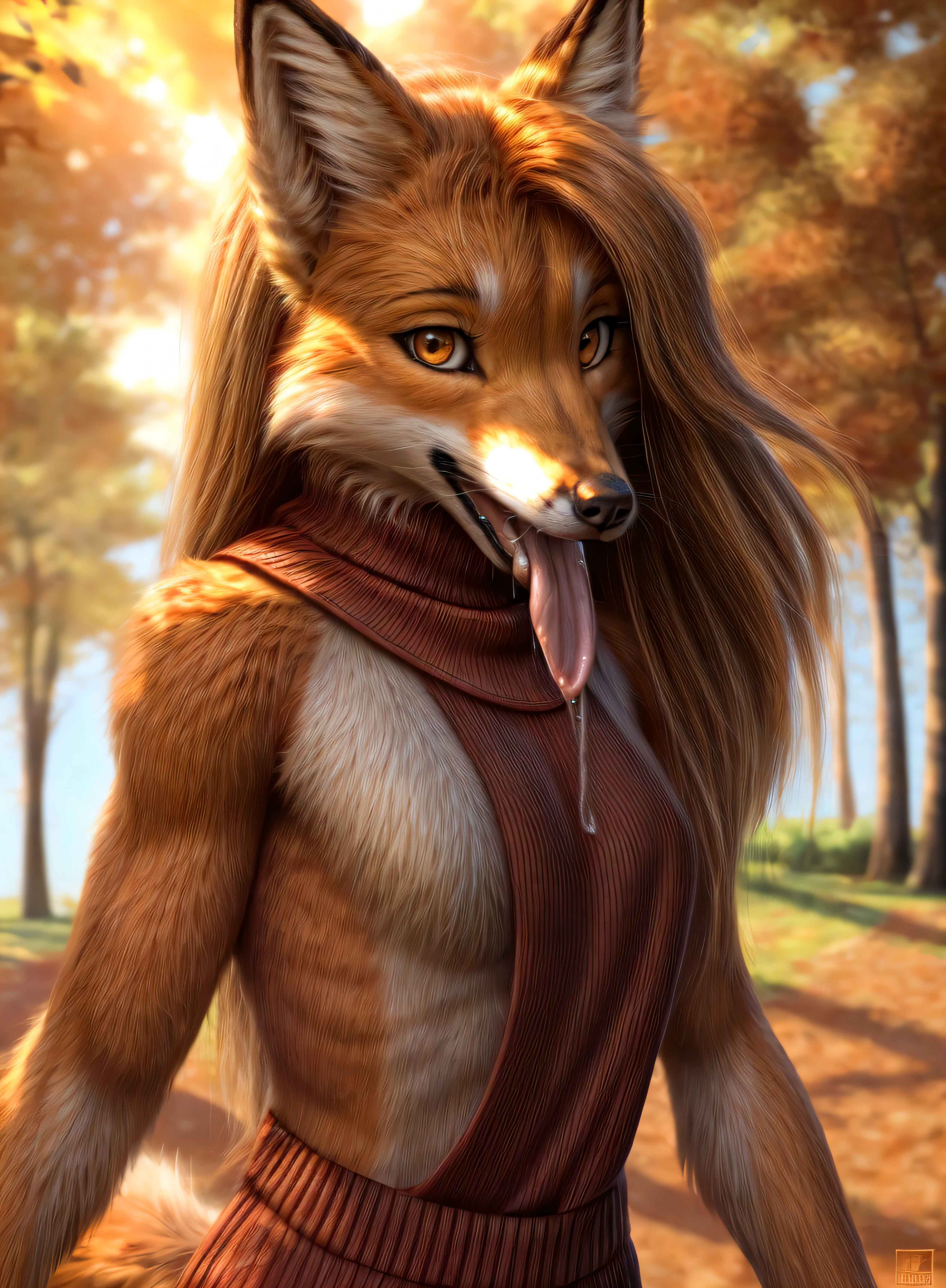 RAW photo,cowboy shot,park setting,warm lighting,(solo:1.3),
BREAK staring into the camera,20 years old,woman,long colourful hair,fox,(red and orange fur, thick fur:1.3),muscular,lean build,fluffy tail,brown eyes,fox snout,canine teeth,fangs,(extremely long canine tongue, drooling, drool flowing from tongue),(wearing a black virgin killer sweater dress<lora:virgin_killer_sweater:1>),side boob,<lora:hairdetailer:1>,
BREAK 8k,hi res,40mm lens,(Best quality, masterpiece:1.2),warm atmosphere,afternoon,cinematic,