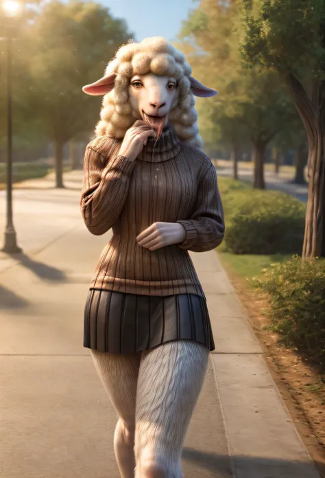RAW photo,cowboy shot,from the side,park setting,warm lighting,(solo:1.3),
BREAK staring into the camera,20 years old,woman,long colourful hair,sheep,(white fur, thick fur:1.3),muscular,lean build,fluffy sheeptail,brown eyes,sheep snout,sheep teeth,(long sheep tongue, drooling, drool flowing from tongue),(wearing a sweater dress,<lora:virgin_killer_sweater:1>,wearing black skirt),midrif,<lora:hairdetailer:1>,
BREAK 8k,hi res,35mm lens,from above,(Best quality, masterpiece:1.2),warm atmosphere,afternoon,cinematic,