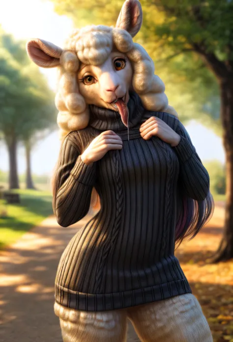 RAW photo,cowboy shot,from the side,park setting,warm lighting,(solo:1.3),
BREAK staring into the camera,20 years old,woman,long colourful hair,sheep,(white fur, thick fur:1.3),muscular,lean build,fluffy sheeptail,ass,brown eyes,sheep snout,sheep teeth,(long sheep tongue, drooling, drool flowing from tongue),(wearing a sweater dress,<lora:virgin_killer_sweater:1>,wearing black skirt),midrif,<lora:hairdetailer:1>,
BREAK 8k,hi res,35mm lens,from behind,(Best quality, masterpiece:1.2),warm atmosphere,afternoon,cinematic,