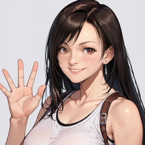 rating_sensitive, score_9, score_8_up, score_7_up, score_6_up, 
simple background, 
BREAK
(tifa lockhart,:1.3) 
1girl, solo, close-up, face, light smile, waving, red eyes, 
 <lora:woman_consistency_v2-loha-000500:0.7>