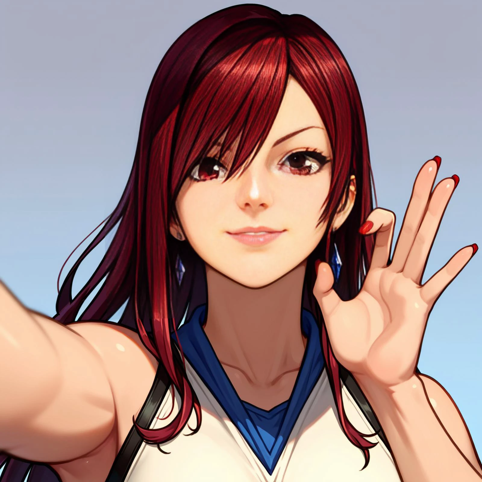rating_sensitive, score_9, score_8_up, score_7_up, score_6_up,
simple background,
BREAK
(erza scarlet,:1.3)
1girl, solo, close-up, face, from below, light smile, waving, casual, red hair, white earrings,
<lora:woman_consistency_v2-loha-000500:0.7>