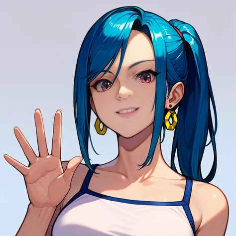 rating_sensitive, score_9, score_8_up, score_7_up, score_6_up, 
simple background, 
BREAK
samus aran, 
1girl, solo, close-up, face, from below, light smile, waving, casual, blue hair, ponytail, pink eyes, white earrings, 
 <lora:woman_consistency_v2-loha-000500:0.7>