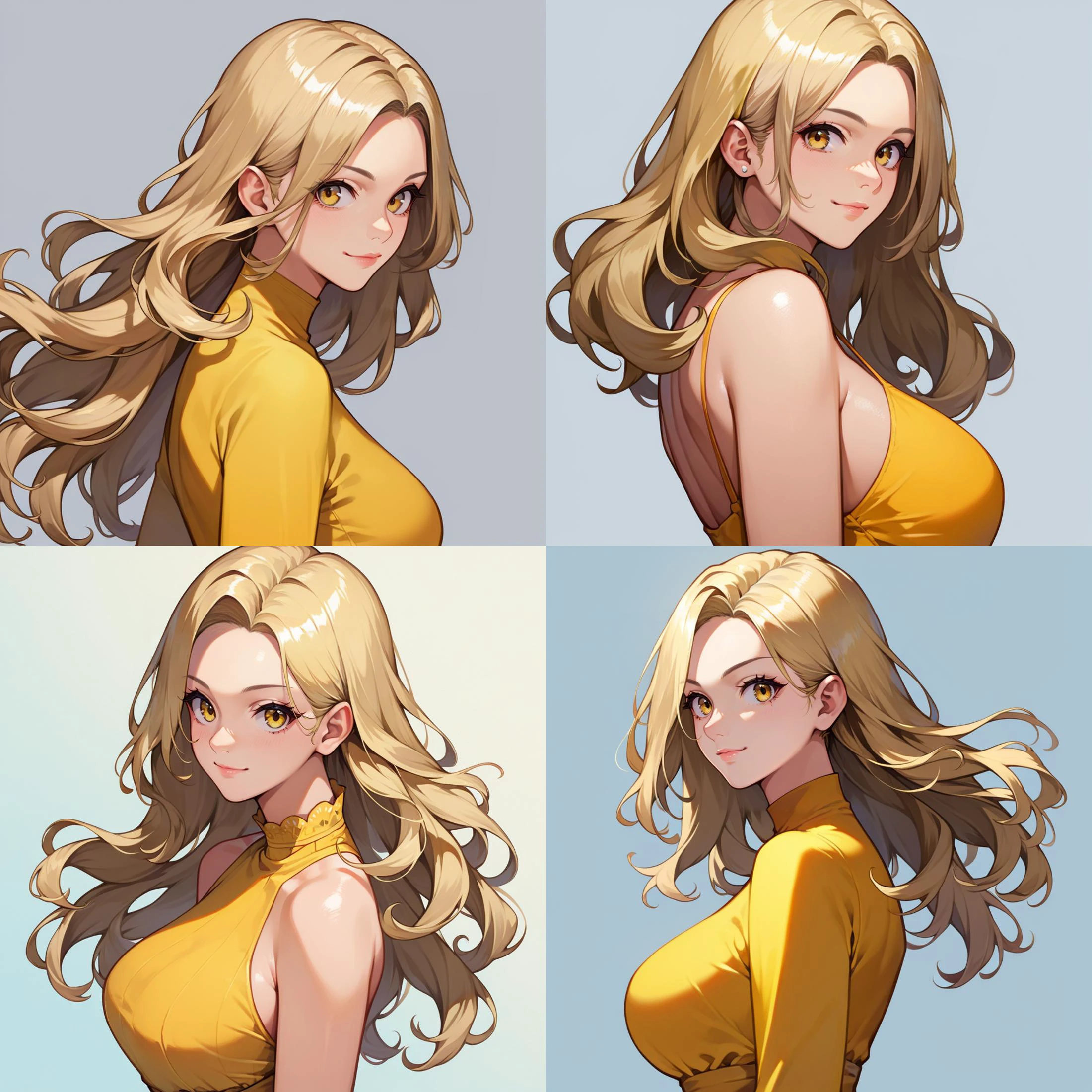 score_9, score_8_up, score_7_up, score_6_up,
1girl, mature female, cowboy shot, upper body, standing, from side, light smile, long hair, blonde hair, yellow eyes, looking at viewer,
dress, yellow dress,
<lora:woman_consistency_v1-loha-000470:0.7>