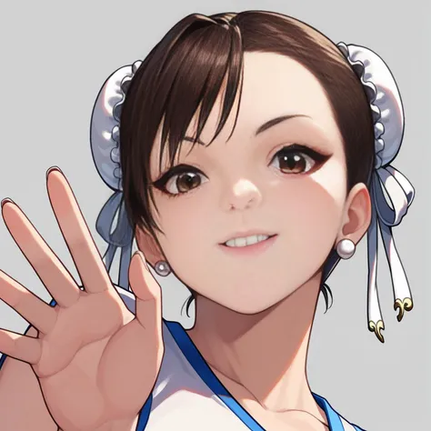 rating_sensitive, score_9, score_8_up, score_7_up, score_6_up, 
simple background, 
BREAK
chun-li, 
1girl, solo, close-up, face, from below, light smile, waving, casual, eyes, white earrings, hair bun, 
 <lora:woman_consistency_v2-loha-000500:0.6>