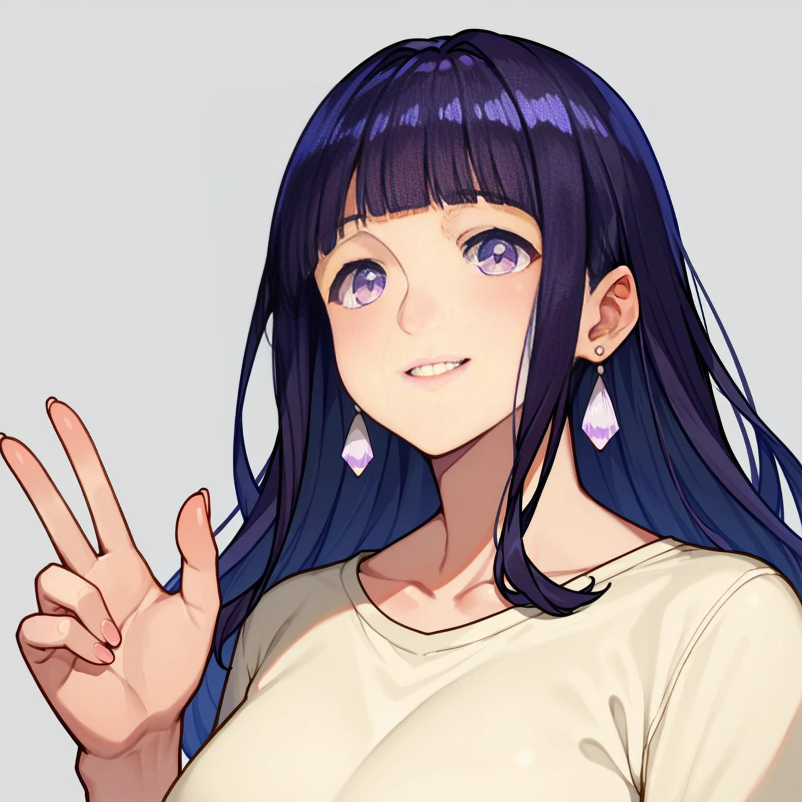 rating_sensitive, score_9, score_8_up, score_7_up, score_6_up, source_anime,
simple background,
BREAK
(hyuuga hinata,:1.3)
1girl, mature female, solo, portrait, from below, waving, casual, eyes, white earrings, long hair, purple hair, purple eyes, byakugan,
<lora:woman_consistency_v2-loha-000500:0.6>