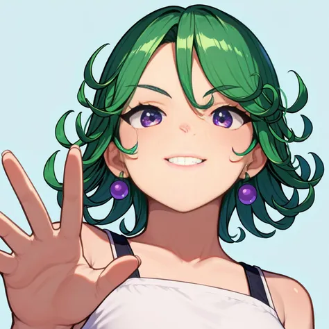 rating_sensitive, score_9, score_8_up, score_7_up, score_6_up, 
simple background, 
BREAK
tatsumaki,
1girl, solo, close-up, face, from below, light smile, waving, casual, green hair, purple eyes, green earrings, 
 <lora:woman_consistency_v2-loha-000500:0.7>