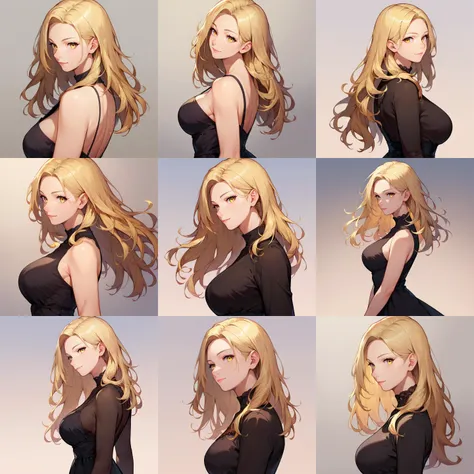 score_9, score_8_up, score_7_up, score_6_up,
1girl, mature female, cowboy shot, upper body, standing, from side, light smile, long hair, blonde hair, yellow eyes, looking at viewer, 
dress, black dress, 
 <lora:woman_consistency_v1-loha-000470:0.7>