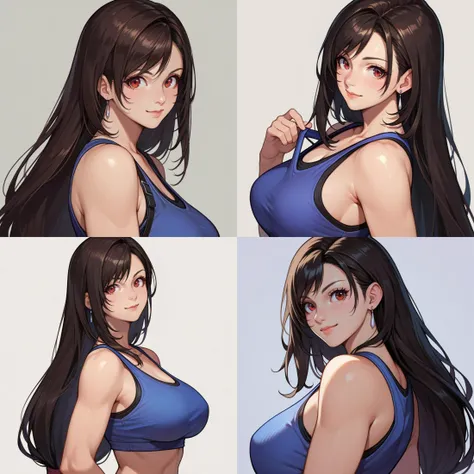 score_9, score_8_up, score_7_up, score_6_up,
tifa lockhart,
1girl, mature female, cowboy shot, upper body, standing, from side, light smile, long hair, (black hair:1.2), red eyes, looking at viewer,
blue tank top,
<lora:woman_consistency_v1-loha-000470:0.5>