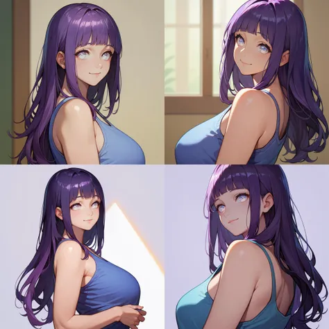 score_9, score_8_up, score_7_up, score_6_up,
hyuuga hinata, 
1girl, mature female, cowboy shot, upper body, standing, from side, light smile, long hair, purple hair, white eyes, looking at viewer, 
blue tank top, 
 <lora:woman_consistency_v1-loha-000470:0.5>