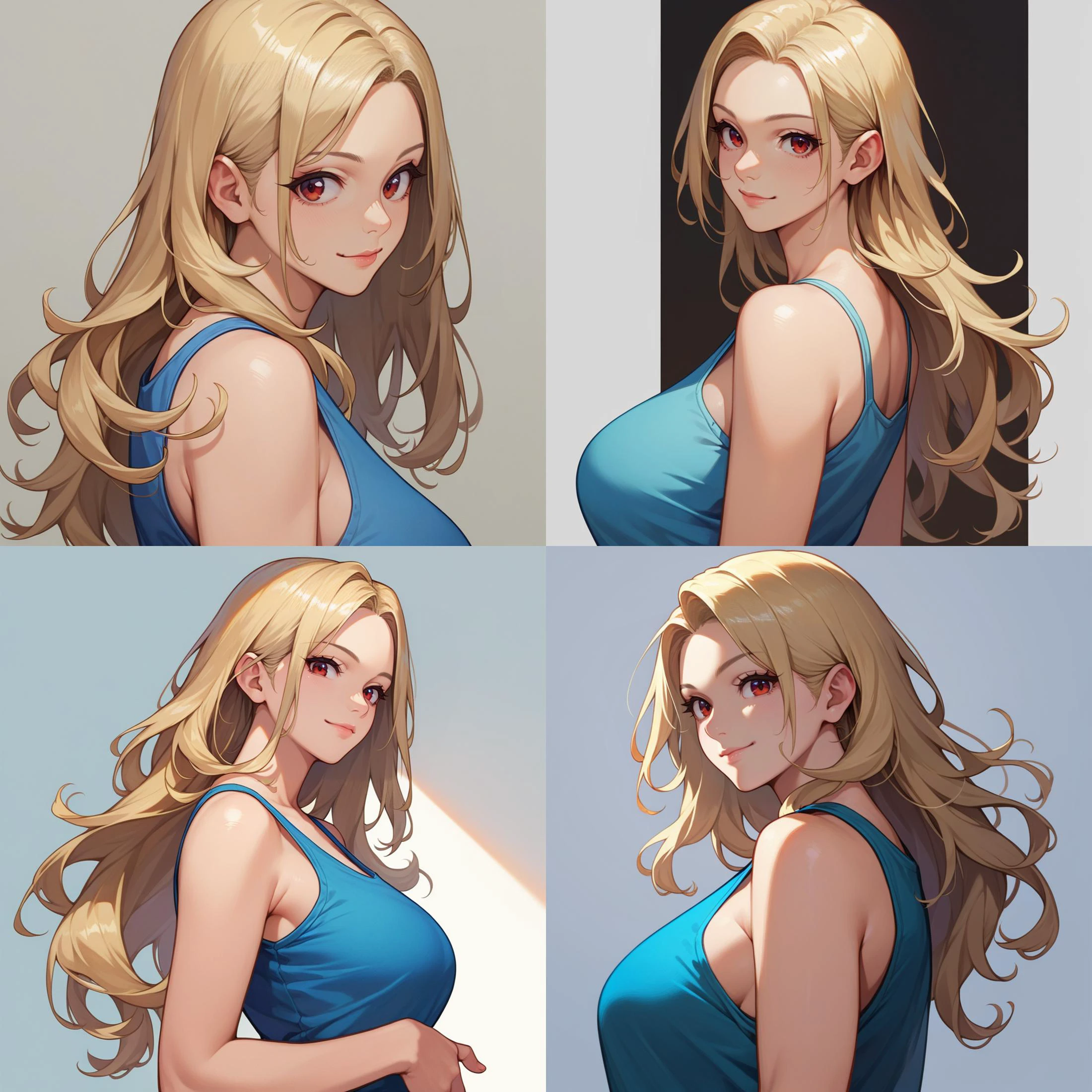 score_9, score_8_up, score_7_up, score_6_up,
1girl, mature female, cowboy shot, upper body, standing, from side, light smile, long hair, (blonde hair:1.2), red eyes, looking at viewer,
blue tank top,
<lora:woman_consistency_v1-loha-000470:0.5>