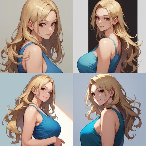 score_9, score_8_up, score_7_up, score_6_up,
1girl, mature female, cowboy shot, upper body, standing, from side, light smile, long hair, (blonde hair:1.2), red eyes, looking at viewer, 
blue tank top, 
 <lora:woman_consistency_v1-loha-000470:0.5>