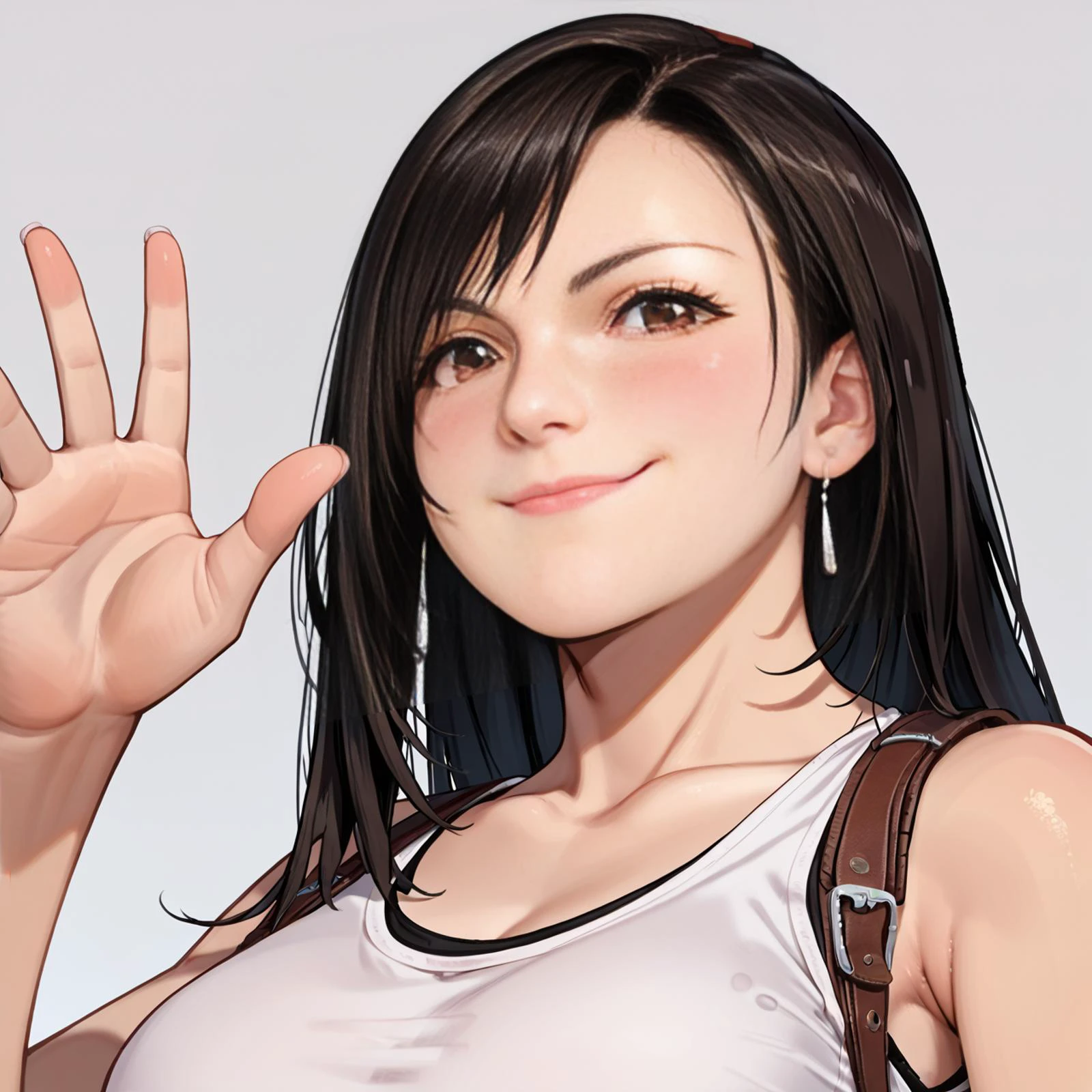 rating_sensitive, score_9, score_8_up, score_7_up, score_6_up,
simple background,
BREAK
(tifa lockhart,:1.3)
1girl, solo, close-up, face, from below, light smile, waving, red eyes,
<lora:woman_consistency_v2-loha-000500:0.7>