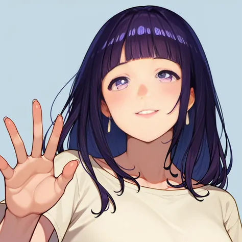 rating_sensitive, score_9, score_8_up, score_7_up, score_6_up, source_anime,
simple background, 
BREAK
(hyuuga hinata,:1.3) 
1girl, mature female, solo, close-up, face, from below, waving, casual, eyes, white earrings, long hair, purple hair, purple eyes, byakugan, 
 <lora:woman_consistency_v2-loha-000500:0.6>