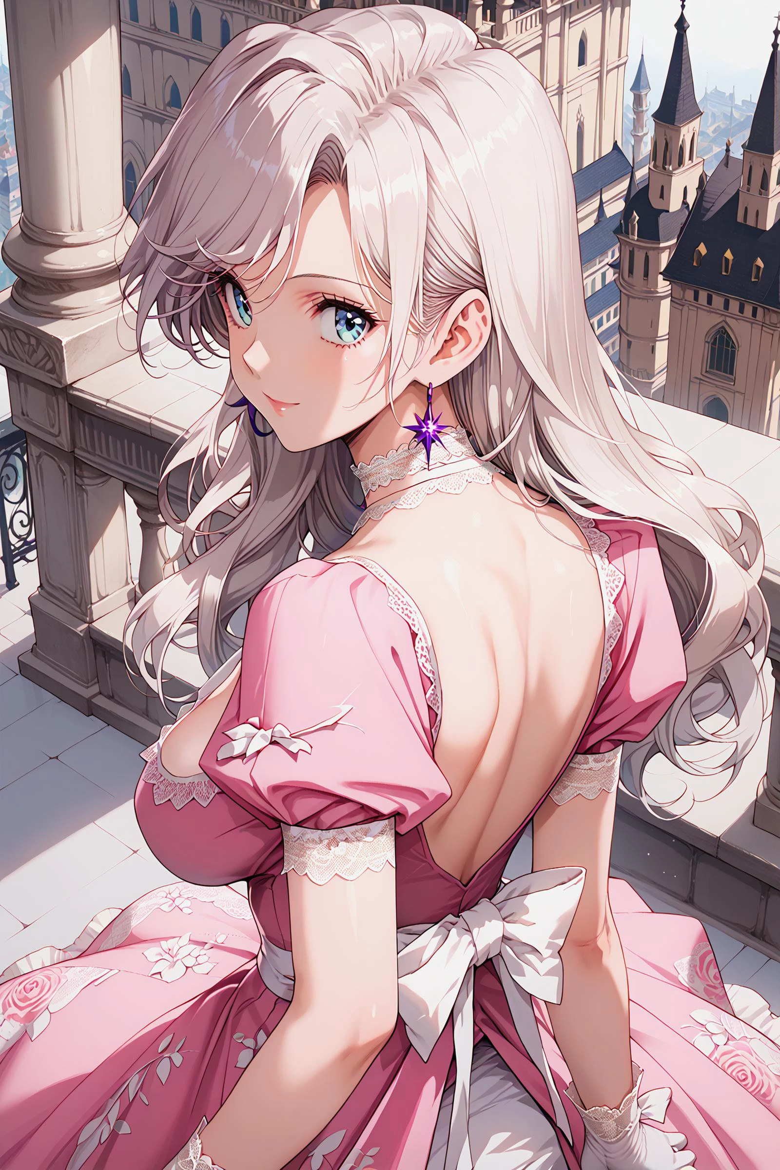 score_9, score_8_up, score_7_up, (light pink dress), back lighting, from behind, looking back,
1girl, esritd, white hair, long hair,
large breasts, sagging breasts, cleavage, pale skin,
earrings, white choker, lace choker, long dress, puffy sleeves, short sleeves, white ribbon sash, embroidery dress, lace-trimmed dress, lace gloves, white glove, ribbon dress, lace pattern dress,
blue eyes,
light smile,
upper body, from above,
palace, detailed background,
lace-trimmed,
<lora:esri-pdxl-nvwls-v1:0.7>, <lora:Urushihara Satoshi_XL_PONY_V2:0.6>, <lora:woman_consistency_v2-loha:0.5>, <lora:DefaultZ17:0.1>, <lora:Osorubeshi Pony style LORAs:0.4>, <lora:cnv3mdde878c738thn20:0.4>, <lora:gg3:0.5>, <lora:bra_embellishments_enhancer_XL_v01a:1>