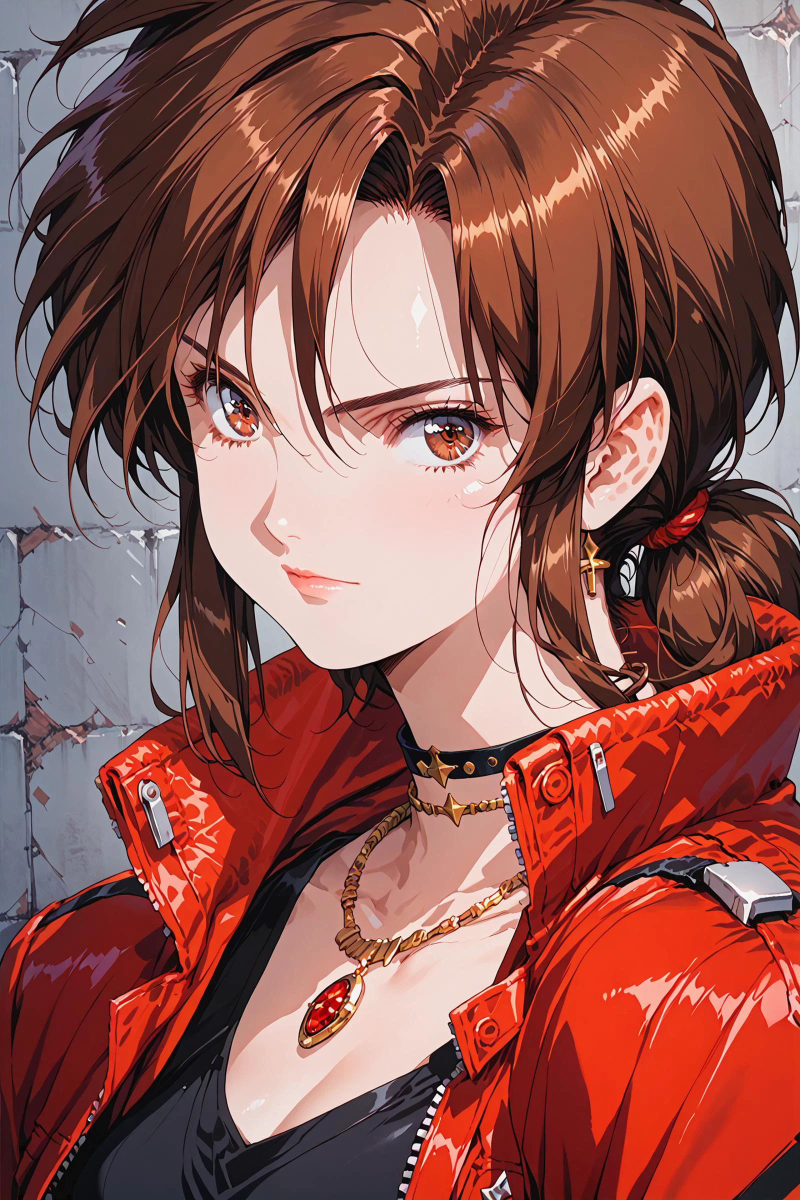 score_9, score_8_up, score_7_up,
1girl, solo, Priss, Brown hair, brown eyes, sidelocks, close up,
black dress, red jacket, choker, necklace, fingerless gloves,
cybernetic wall, grey wall, looking at viewer,
urushihara satoshi style,
<lora:Priss_Asagiri__Bubblegum_Crisis_Tokyo_2040:0.7>, <lora:woman_consistency_v2-loha:0.5>, <lora:super lora_flyx3_XL_PONY:0.6>, <lora:cnv3mdde878c738thn20:0.5>, <lora:gg3:0.6>