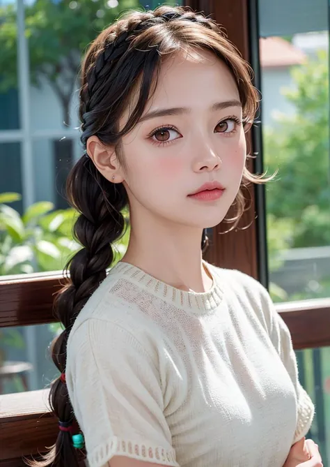 (8k, RAW photo, highly sensitive, photorealistic:1.25) , kr-pny, twin braids, parted bangs, 1girl, A girl enjoys shopping while looking at the sparkling show window, extremely detailed hair, intricate detail, masterpiece, best quality, <lora:koreanPonytailLora_v10:0.5>