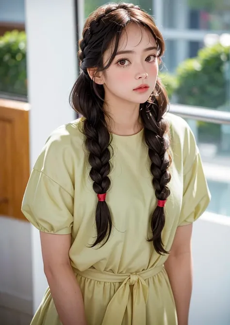 (8k, RAW photo, highly sensitive, photorealistic:1.25) , kr-pny, twin braids, parted bangs, 1girl, A girl enjoys shopping while looking at the sparkling show window, extremely detailed hair, intricate detail, masterpiece, best quality, <lora:koreanPonytailLora_v10:0.5>