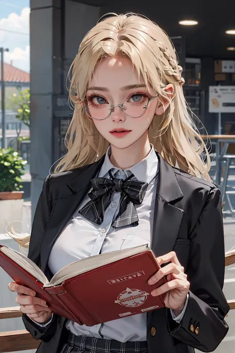 <lora:koreanPonytailLora_v10:1:F>, kr-pny, twin braids, parted bangs, 1girl, school uniform, dark grey open jacket, dark grey blazer, pleated skirt, plaid skirt, ash blonde hair,
huge breasts,
round eyewear, reading a book, shy and quiet girl, looking afar, holding a book,
extremely detailed hair, intricate detail,
masterpiece, best quality, upper body, realistic, <lora:hiqcg_epoch-04:0.3:NF>, hiqcg,