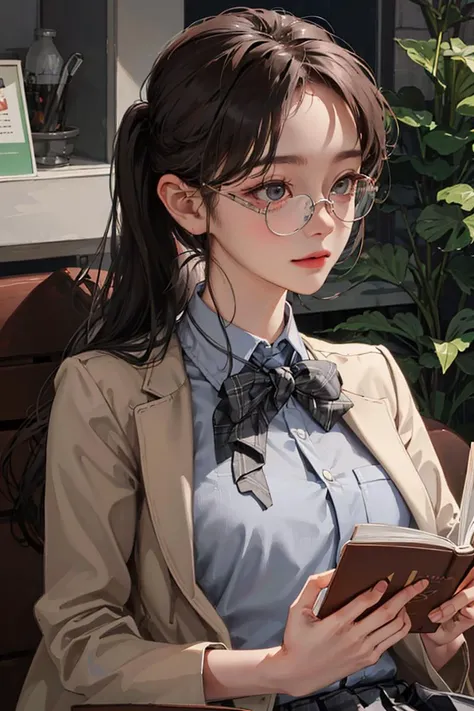 <lora:koreanPonytailLora_v10:1:F>, kr-pny, absurdly long ponytail, parted bangs, 1girl, school uniform, dark grey open jacket, dark grey blazer, pleated skirt, plaid skirt,
round eyewear, reading a book, shy and quiet girl, looking afar,
extremely detailed hair, intricate detail,
masterpiece, best quality, upper body, realistic,