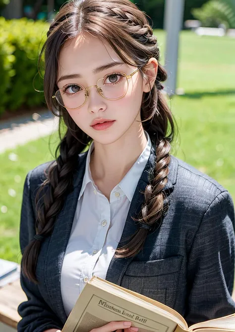 (8k, RAW photo, highly sensitive, best quality, extremely detailed hair, masterpiece, ultra high res, photorealistic:1.25) kr-pny, thin rimmed glasses, the front, twin braids, parted bangs, 1girl, school uniform, dark grey open jacket, dark grey blazer, pleated skirt, plaid skirt, ash blonde hair, huge breasts, gold round eyewear, reading a book, shy and quiet girl, looking afar, holding a book,<lora:koreanPonytailLora_v10:0.5>