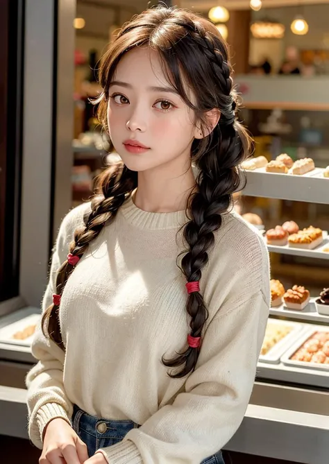 (8k, RAW photo, highly sensitive, photorealistic:1.25) , kr-pny, twin braids, parted bangs, 1girl, A girl enjoys shopping while looking at the sparkling show window, extremely detailed hair, intricate detail, masterpiece, best quality, <lora:koreanPonytailLora_v10:0.5>