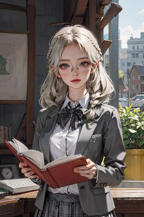 <lora:koreanPonytailLora_v10:1:F>, kr-pny, twin braids, parted bangs, 1girl, school uniform, dark grey open jacket, dark grey blazer, pleated skirt, plaid skirt, grey blonde hair,
huge breasts,
round eyewear, reading a book, shy and quiet girl, looking afar, holding a book,
extremely detailed hair, intricate detail,
masterpiece, best quality, upper body, realistic, <lora:hiqcg_epoch-04:0.3:NF>, hiqcg,
