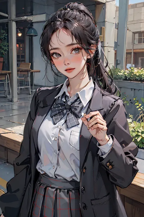 <lora:koreanPonytailLora_v10:1:NP>, kr-pny, ponytail, parted bangs, 1girl, school uniform, dark grey open jacket, dark grey blazer, pleated skirt, plaid skirt,
upper body, looking at viewer, realistic,
extremely detailed hair, intricate detail,
masterpiece, best quality,