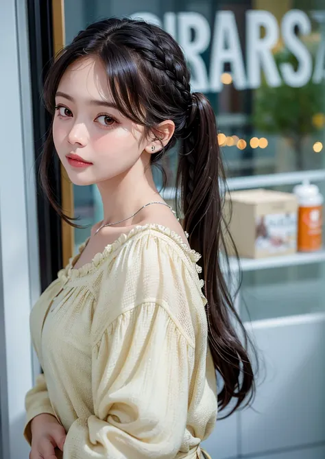 (8k, RAW photo, highly sensitive,  photorealistic:1.25) , kr-pny, twin braids, parted bangs, 1girl, A girl enjoys shopping while looking at the sparkling show window, extremely detailed hair, intricate detail, masterpiece, best quality, <lora:koreanPonytailLora_v10:0.5>